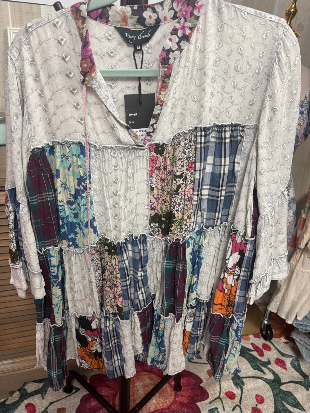 Young Threads Ivory Patchwork Boho Tunic with Floral and Plaid Panels